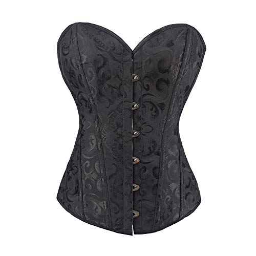 RHISLEO Women Classic Lace-up Floral Burlesque Basque Bustier Shaper Overbust Boned Corset Top (Black Floral Top, 12)