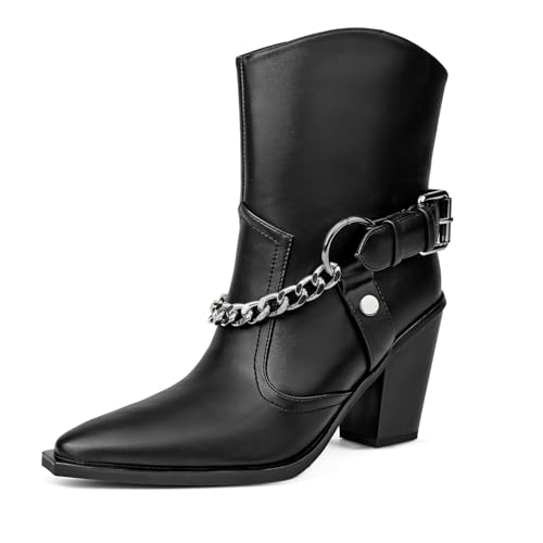 Image of Women's Chain Detail Western Ankle Boots Pointed Toe Block Heel
