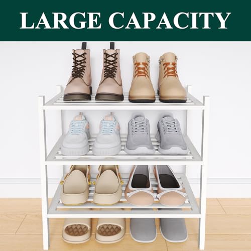 Image of Smiry Bamboo Shoe Rack, 5 Horizontal Slats, 3 Tier - 17.3 inch Wide, White