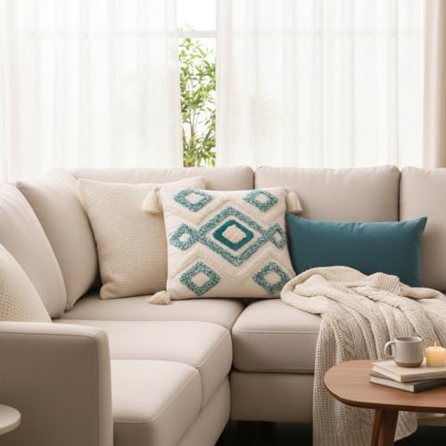 Image of RRC Boho Throw Pillows 16x16 Inch Set of 2 - Soft Mid Century Modern Decorative Pillow Covers, Aesthetic Cushion Cases for Couch, Sofa, Bed & Bedroom Decor (SkyBlue, 16X16(Inches))