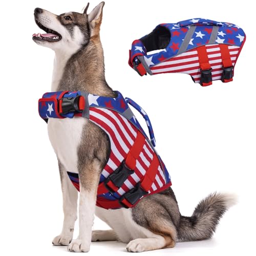 Kuoser Dog Life Jacket Large Breed, XXL Dog Life Vests for Swimming Boating, American Flag Reflective Dog Water Vest with High Flotation, Dog Swim Vest for Large Dogs