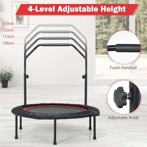 COSTWAY 40" Mini Trampoline, Foldable Fitness Bouncer with 4-Level Adjustable Foam Handle & 2 Resistance Bands, Indoor Outdoor Exercise Rebounder Workout for Kids & Adults - Image 5