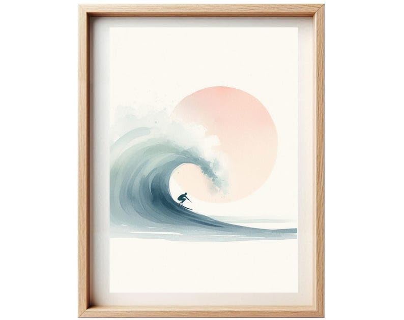 Les Creas de Papa Affiche Surfeur Aquarelle – Poster Déco Océan Sport & Nature | Art Mural Surf Moderne