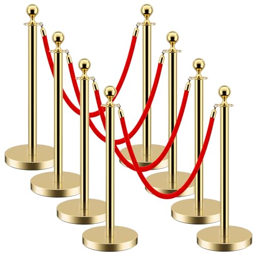 Image of LOVMOR 8 PCS Stainless Steel Stanchion Post Queue 5 ft Red Velvet Rope Red Carpet Ropes and Poles Crowd Control Barriers for Red Carpet Themed Decoration