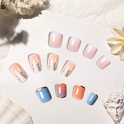 Aethland 72pcs Press On False Nails丨3 Boxes Colorful Short Nails with Adhesive Tabs for Women