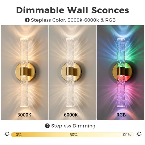 Image of DORESshop Bubble Battery Wall Sconces Set of 2, 10000mAh Rechargeable Wall Sconce with Bubble Crystal, 9 Color Dimmable Wireless Wall Sconce, Sconce Wall Decor for Living Room, Bedroom, Gold 12in