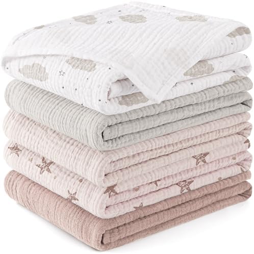 Susurration Mulltücher Baby Spucktücher,5er-Pack 100% Baumwolle Spucktücher Baby für Jungen und Mädchen, Weich, Atmungsaktiv und Extrem Saugfähig Musselin 60x60cm (Pink Pentagram)