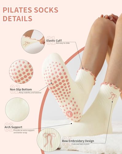 Image of Yawlsow Cute Pilates Grip Socks for Women Ruffle Frilly Yoga Socks Non Slip Cotton Crew Grippy Sock for Barre Workout