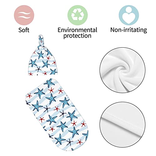 Nautical Sea Stars Newborn Swaddle Blankets Hat Sets Soft Stretchy Blue Ocean Baby Stuff Receiving Blanket Gifts For Infant Baby Boy Girl #TOP5