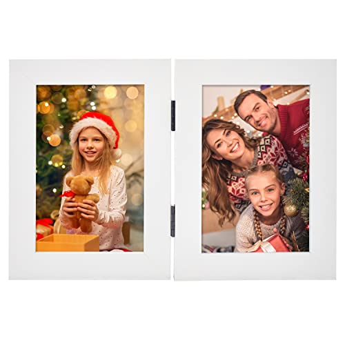 Frametory, 4X6 Double Picture Frame Hinged Photo Frames Two Folding Frame Desktop Glass Frame Vertical (White, 4X6 Double) #TOP1
