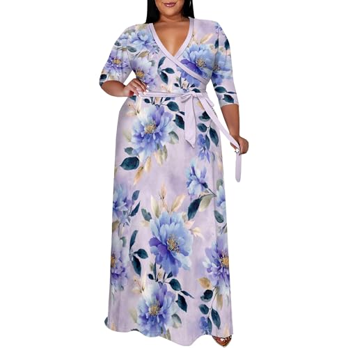Image of SUZONANA Plus Size Maxi Dresses for Curcy Women Casual Loose 3 /4 Sleeve Long Dress with Belt