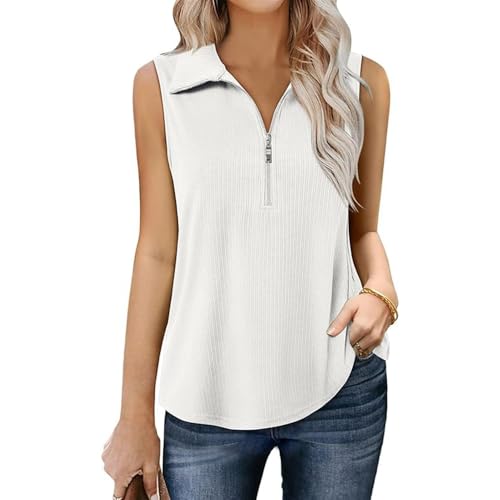 Ypser Womens Ribbed Tank Top Zipper V Neck Dressy Casual Blouses Sleeveless Camisole Tops Work Tank Polo Shirts White