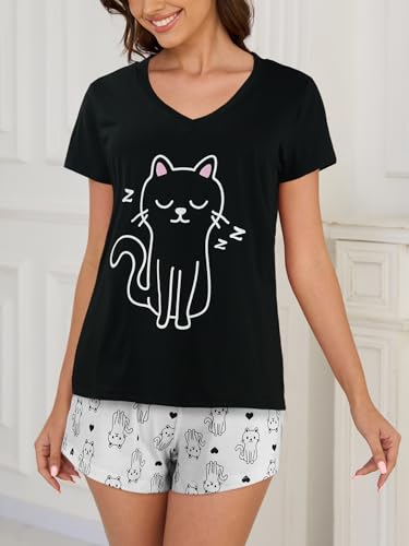 Image of YIJIU Women Short Sleeve Tee and Shorts Pajama Set Cute Alpaca Print Sleepwear