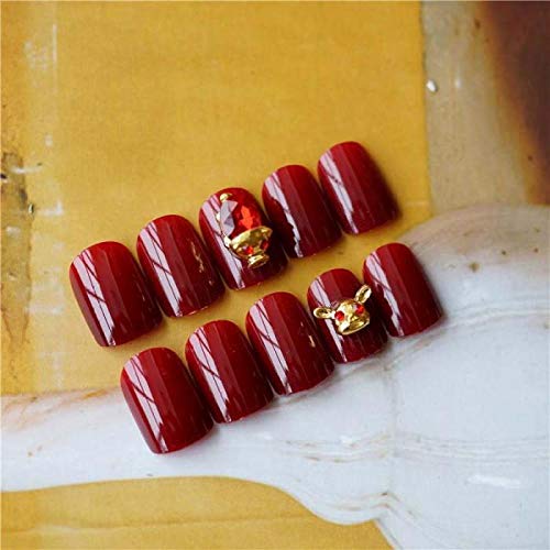TJJF Falsche Nägel 24Pcs Chinese Red Diamond Lucky Pig Form Dekor tragbare falsche Nägel Braut charmante kurze runde 3D…
