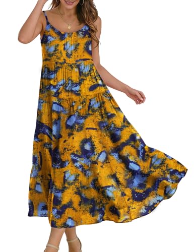 Image of YESNO Summer Bohemian Floral Dresses for Women Spaghetti Straps Maxi Dress Casual Flowy Dresses with Pockets ES0