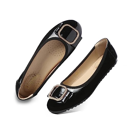 Bernal Women's Wide Width Comfortable Flat Shoes - Round Toe Classic Cute Rhinestones Bow Slip on Ballet Flats (Black Patent 9.5)