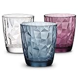 Bormioli Rocco BORMIOLI ROCCO Vasos multicolor de 300 ml  Diamond  Juego de vasos de agua multicolor  Juego de 6 piezas  vasos multicolor aptos para lavavajillas  3 colores: azul, violeta, transparente robusto