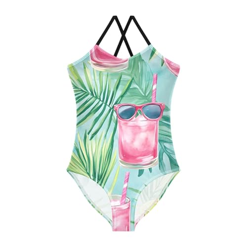 senya Girls Swimsuits Pink Drink Sunglasses One-Piece Swimwear Quick Dry Girls Bathing Suits for 3 Years Old