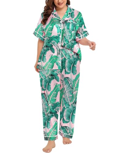 Image of SWOMOG Women's Plus Size Pajamas Silk Satin Pajama Set Short Sleeve Shirt with Full-Length Pants Pjs Sleepwear Set 18W-26W