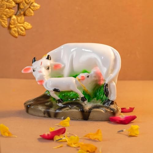 Image of Kamdhenu Cow and Calf Idol - 6 Inch Polyresin Marble Finish Gau MATA Murti | Vastu Statue for Home Temple Pooja Diwali Gift Showpiece Decor, Multicolor (COW-02)