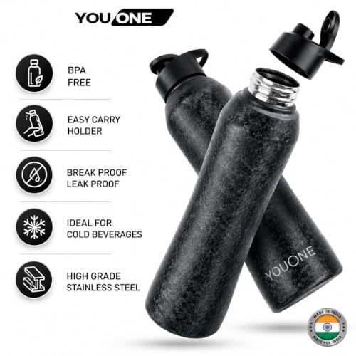 Image of YOUONE Stainless Steel Water Bottle, Charcoal Black, 1 Litre | Set of 1, Leak Proof Thunder, For Fridge Home Office Travel School Sports Gym Yoga, For Kids Boys Girls Adults