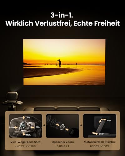 JMGO N3 Ultimate 4K Beamer Triple Laser Heimkino, 5800 ISO Lumen, Google TV mit Netflix, Lens Shift, Optischer Zoom, Motorisierte KI-Gimbal, Dolby Vision, 300", 20000:1 Kontrast, 1ms Gaming, VRR, ALLM – Bild 3
