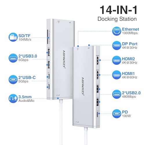 Image of USB C Hub USB-C Docking Station Dual Monitor 14 in 1 Triple Display Multiport Adapter with 2 HDMI+DP+7 USB Type C /A Ports+Ethernet+Audio, USBC Dongle for Dell /HP /Lenovo ThinkPad /Surface(Sliver)