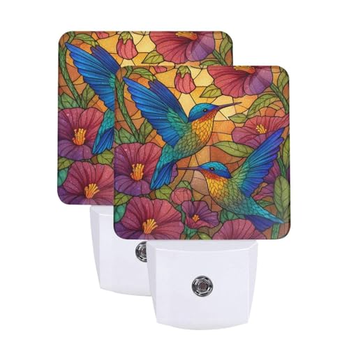Image of Blue Hummingbirds Night Light Set of 2, Colorful Flowers Auto Sensor LED Dusk-to-Dawn Nightlights, Plug-in Sensor Lamp for Bedroom Bathroom Kitchen Hallway Stairs Decorative