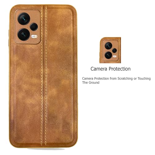 Image of A rtistque Premium Thread Leather Back Cover Case for Poco X5 5G / Mi Redmi Note 12 5G | Drop Protection | Smooth Grip | Raised Camera Edges - Brown