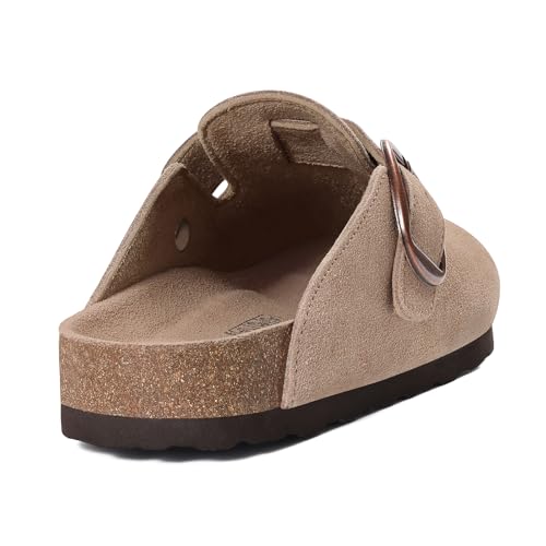 KIDMI Genuine Suede Clogs for Women Memory Foam Cork Footbed Potato Shoes Slip On Leather Mules with Big Buckle