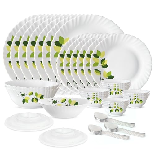 Image of Larah by Borosil Silk Series Green Leaves Opalware Dinner Set with Steel Spoon | 41 Pc for Family of 6 | Microwave & Dishwasher Safe | Bone-Ash Free | Crockery Set for Dining & Gifting | Plates & Bowl