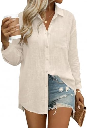 HOTOUCH Womens Button Down Shirts Linen Cotton Long Sleeve Blouse...