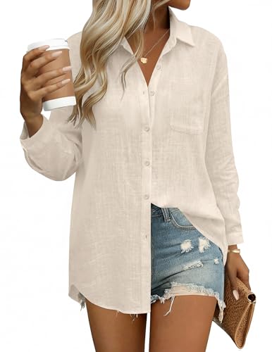 HOTOUCH Women's Button Up Linen Shirts Long Sleeve Cotton Oversized Blouses Collared Neck Work Gauze Tops Khaki XXL