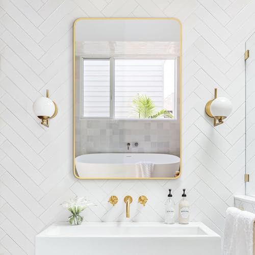 Image of Delma Bathroom Vanity Mirror, Gold Framed Mirror for Over Sink, 30x24 | HD glass, distortion-free for makeup and grooming, Sturdy frame, all mounting hardware, hangs horizontal or vertical