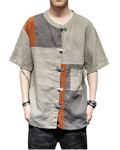 HongYunXn Chemise à Col De Style Chinois pour Hommes Chemise à Poches Plaquées à Boutons Vintage à La Mode Chemise en Lin Ample Et Confortable Gris S Cover