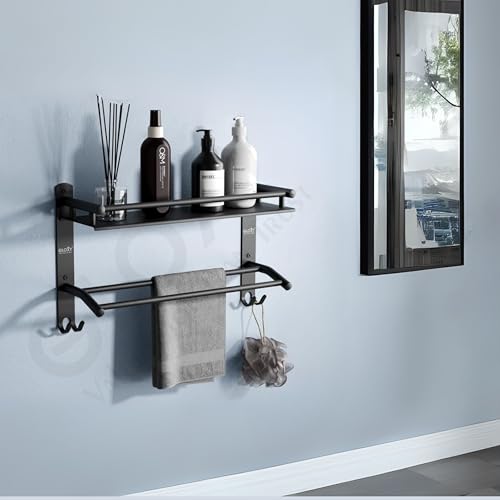 Image of GLOXY Black Matte Finish Washroom Storage Organizer - Premium Bathroom Stainless Steel Shelf with Towel Holder Rods - Bathroom Fittings Accessories Set for Home, Office. Hotels & Restaurants