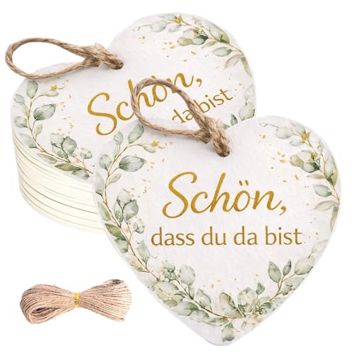 50 Stück Schön Dass Du Da Bist Anhänger Herz Eukalyptus, 5cm Geschenkanhänger Hochzeit, mit Schnur, Papieranhänger, für Geschenkverpackung, Geburtstag, Babyparty, Flaschen,Taufe, Weihnachten