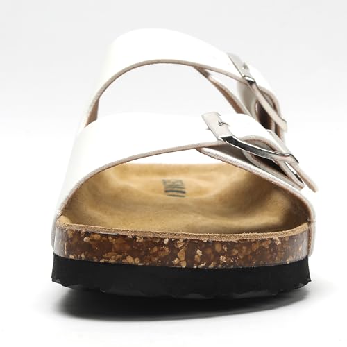 Image of Genuine Leather Cork Footbed Sandals with Arch Support Women Men's Flat Slip Slippers with Adjustable Double Buckle Beach Sandal Memory Foam Slides Open Toe Slipper for Summer Vacation