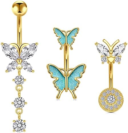 AVYRING Belly Button Bars Butterfly Dangle 6MM 10MM 14G Stainless Steel Women Navel Rings Belly Piercing