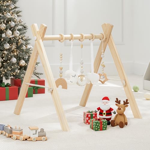 Image of Comfy Cubs Wooden Baby Play Gym - Natural Finish Pinewood Baby Activity Gym with 5 Sensory Hanging Toys - Easy No-Tool Assembly, Safe and Durable for Infant Motor and Visual Development - Natural Wood
