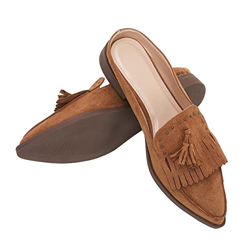 Ruanyu Womens Flat Mule Shoes Backless Pointed Toe Studded Slip On Comfortable Tassel Loafers #TOP3