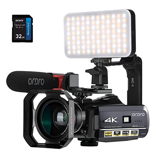 ORDRO AC3 Caméra vidéo Caméscope 4K 1080P 60fps Vision Nocturne Infrarouge caméra de Chasse fantôme caméra vidéo avec MIC, lumière LED, Objectif Grand Angle, Carte SD 32G