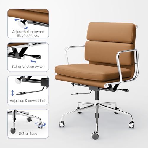 Image of Genuine Leather Office Chair, Padded Mid Back Ergonomic Executive Desk Chair with Aluminum Arm Rest and Base, Swivel Wheels with Lumbar Support & Tilting Function, Hight Adjustable Light Brown