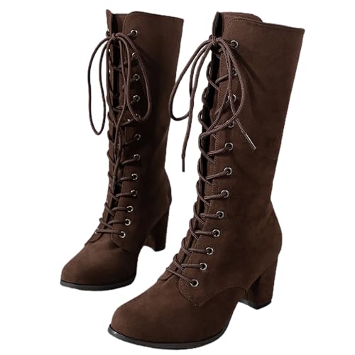 ESSUE Bottes Hautes Au Genou Femme Longue Sexy Mode Chaussures Talons Hiver Chaud Boots ans Lacet Bottes D'Hiver Talon Haut Bottes de moto CavalièRes Chaussures...