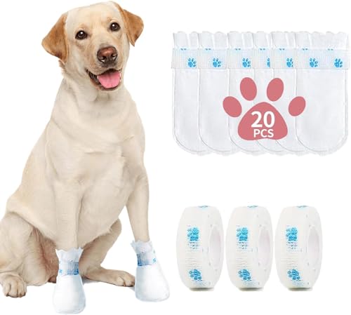 Disposable Dog Booties for Paw Protection - Waterproof, Adjustable Self-Adhesive Straps, 20 Count Dog Shoes for Indoor & Outdoor Use, Walking, Hiking, Post (S)