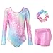 JiAmy Gymnastics Leotards for Girls Cross Back, Long Sleeve Sparkly Dance Biketards with Shorts Ballet Outfit for 9-10 Years Star Colored