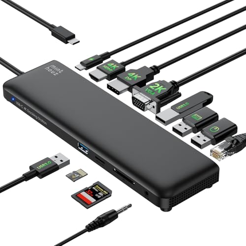 Minthouz Docking Station USB C Hub, 12-in-1-USB Multiport Adapter für HP Lenovo und Dell, VGA+HDMI+DP 3 Displayport-Dock, 85 W PD, 4*USB-A, SD- und Micro-SD-Kartenleser, RJ45 für tragbare Laptops