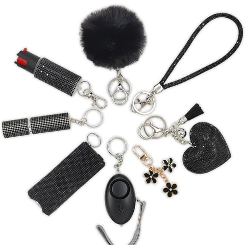 KLKOKVKE Gift Keychain Set for Women Including Wrist Strap, Heart Accessory, Petal Decor and Pom Pom Black