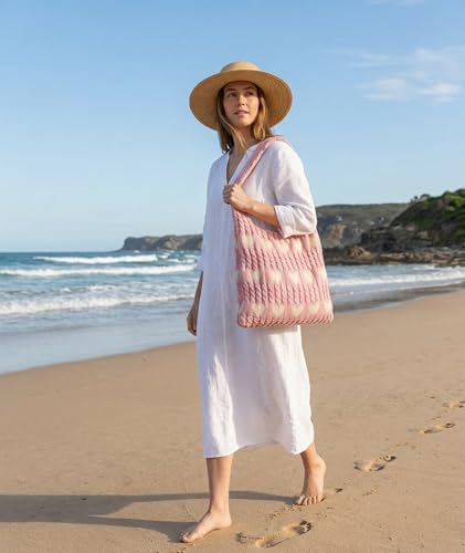 Image of Crochet Bag, Stylish Tote Bag for Women, Beach Bag for Daily Use and Travel, Pink Woven Openwork Design, Perfect for College Girls and Fashion Enthusiasts