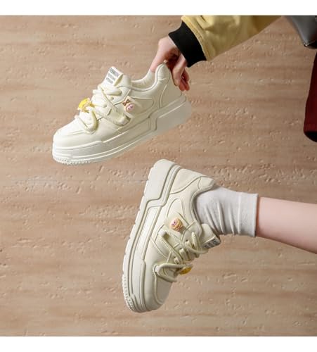 Kawaii Japanese Comic Starry Lace-Up Sneakers with Cloudy Chunky Heel for Women - Trendy Shoes in Yellow/Pink/White Color Block | Ideal for Travel & Outfits3